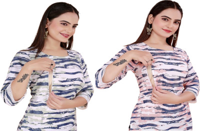 Parwati Creation Women Geometric Print A-line Kurta(Blue, Pink)