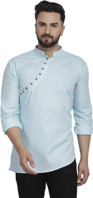 B BEN Men Solid Asymmetric Kurta(Light Blue)