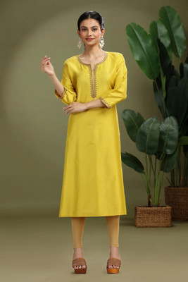 Cotton Culture Women Embroidered Straight Kurta(Yellow)