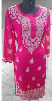 KKHANSHENTP Women Chikan Embroidery Ethnic Dress Kurta(Pink)