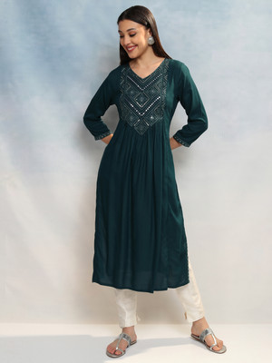 Vishudh Women Embroidered A-line Kurta(Blue)