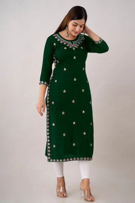 fantasy fab Women Embroidered Straight Kurta(Green)