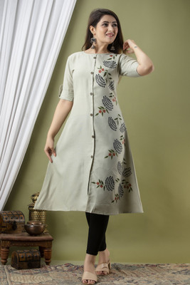 Zivapez Women Floral Print Frontslit Kurta(Light Green)
