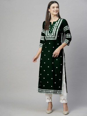 Anmi Embroidered, Self Design Women Straight Kurta(Dark Green, White)