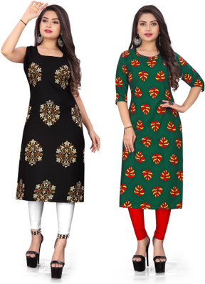 Hiral Creation Women Printed Straight Kurta(Black, Green)