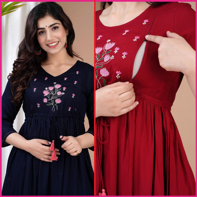 Priyas Creation Women Solid Anarkali Kurta(Red)
