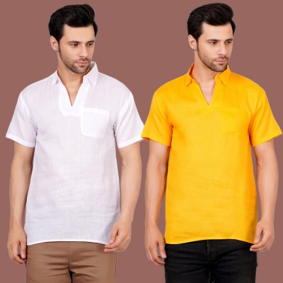 GLAUCUS Men Solid Straight Kurta(White, Yellow)