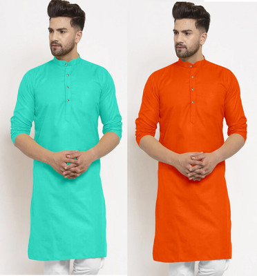 Krudha Fashions Men Solid Straight Kurta(Green, Orange)