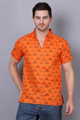 AXOLOTL Men Printed Straight Kurta(Orange, Black)