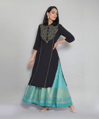 Aurelia Women Embroidered Straight Kurta(Black)