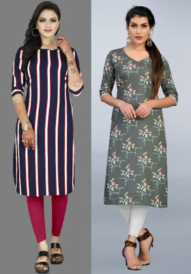 Hiral Creation Women Striped, Printed A-line Kurta(Grey, Purple)
