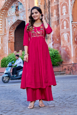 KODILA Women Embroidered, Embellished, Solid Anarkali Kurta(Pink)