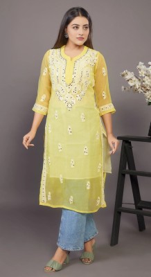 ElegantFashion Women Chikan Embroidery A-line Kurta(Yellow)