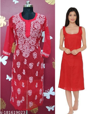 Neelam Chikan Women Embroidered Straight Kurta(Pink)