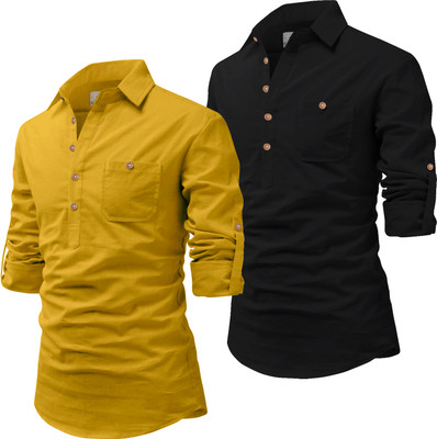 Vida Loca Men Solid Pathani Kurta(Yellow, Black)