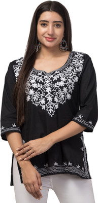 ILMA CREATION Women Chikan Embroidery Straight Kurta(Black)