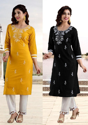 SISTO Women Chikan Embroidery Straight Kurta(Multicolor)