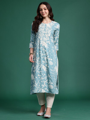 Indo Era Women Embroidered Straight Kurta(Blue)