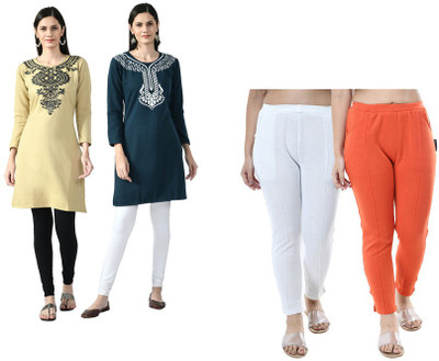 IndiWeaves Women Printed Straight Kurta(Yellow, Dark Blue)