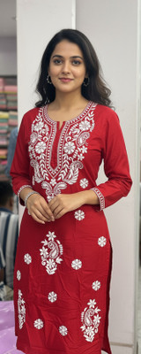 ChikankariArts Women Embroidered, Chikan Embroidery Straight Kurta(Maroon)