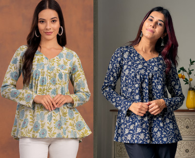 CLANGER Women Floral Print Flared Kurta(Dark Blue)