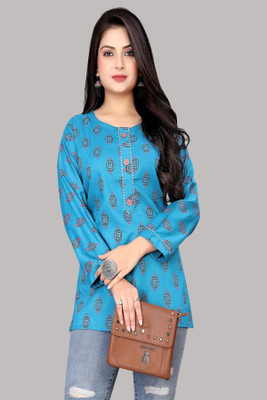 Pransio Women Printed Straight Kurta(Blue)