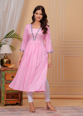 Elbwear Women Embroidered A-line Kurta(Pink)