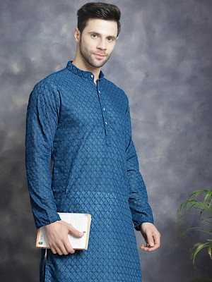 Jompers Men Embroidered Straight Kurta(Light Blue)