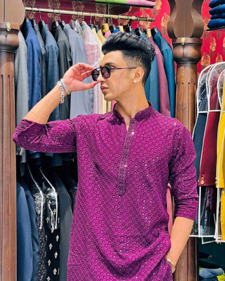 romj Men Chikan Embroidery Straight Kurta(Purple)
