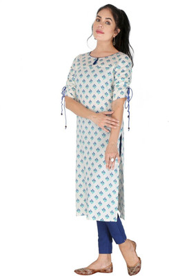 NeeloKurtis Women Printed Straight Kurta(White, Blue)
