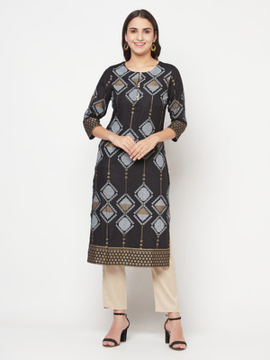 Aniyah Women Block Print Straight Kurta(Black)