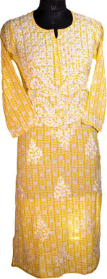 Nazaqat Women Chikan Embroidery Ethnic Dress Kurta(Yellow)
