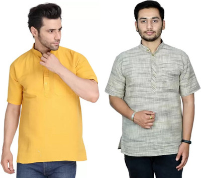 isdfabric Men Self Design Straight Kurta(Blue, Yellow)