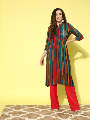 all about you Women Striped Straight Kurta(Blue)