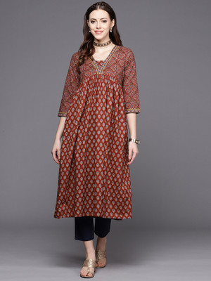 Varanga Women Printed Flared Kurta(Maroon)
