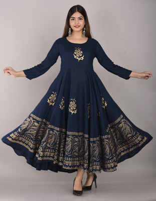 Lee Moda Women Printed Flared Kurta(Blue)