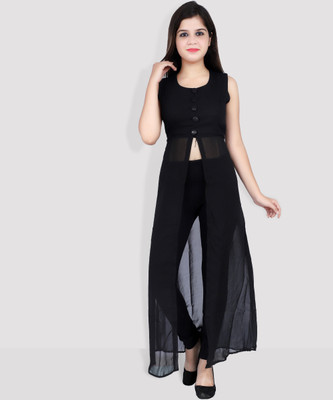 VESICLE Women Self Design Frontslit Kurta(Black)