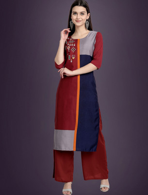 EthnicBasket Women Colorblock A-line Kurta(Maroon)