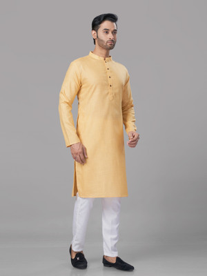 JUGG JUGG JEEYO Men Self Design Straight Kurta(Yellow)