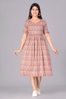asifarheen Women Fit and Flare Maroon Midi/Calf Length Dress
