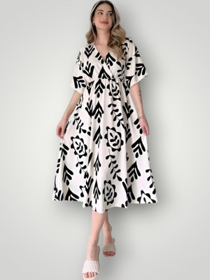 Shreejagdamba Women Gown Black, White Knee Length Dress