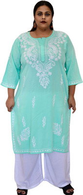 myplusfashion Women Chikan Embroidery Straight Kurta(Light Blue)