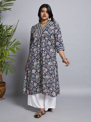 Globus Women Floral Print Straight Kurta(Blue)