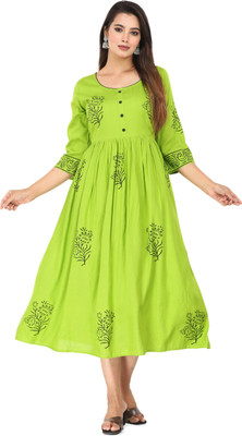Priyshi Designing Women Printed Flared Kurta(Light Green)