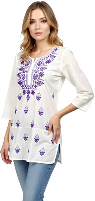 ChikanKari By Klothes Hub Women Chikan Embroidery A-line Kurta(Purple, White)