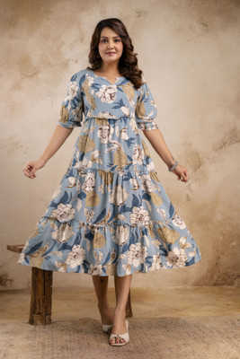 The Perfect Fit Co. Women Floral Print Anarkali Kurta(Beige, Grey)