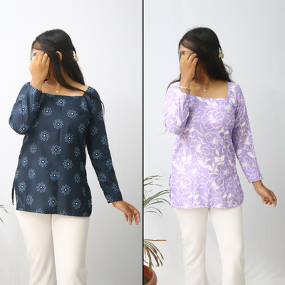 aanzri Women Floral Print Tunic Kurta(Purple, Dark Blue)