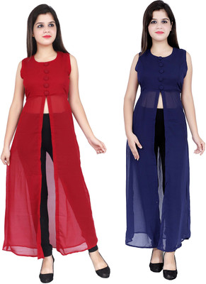 VESICLE Women Solid Frontslit Kurta(Maroon, Dark Blue)