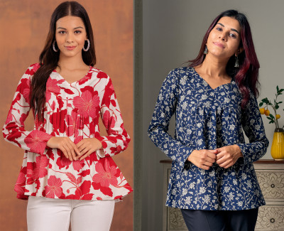 CLANGER Women Floral Print Flared Kurta(Blue)