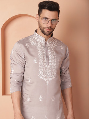 Jompers Men Embroidered Straight Kurta(Grey, White)